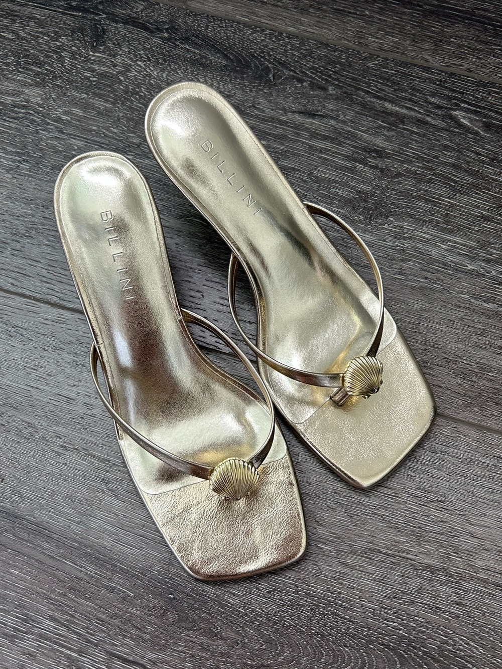Billini Xantra Gold Mettalic Shell Thong Sandal Kitten Heels